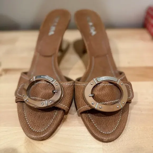 Prada Calzature Donna Wooden Buckle Slide Sandals - Women’s Size 36.5 - Picture 2 of 7